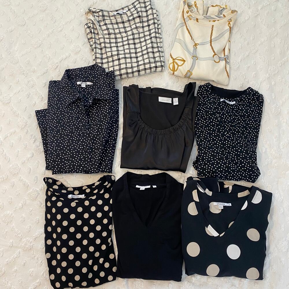 Lot of 8 Chico's Tops Women's Size 2 Large Polka Dot Black Long 3/4 Sleeve Tank